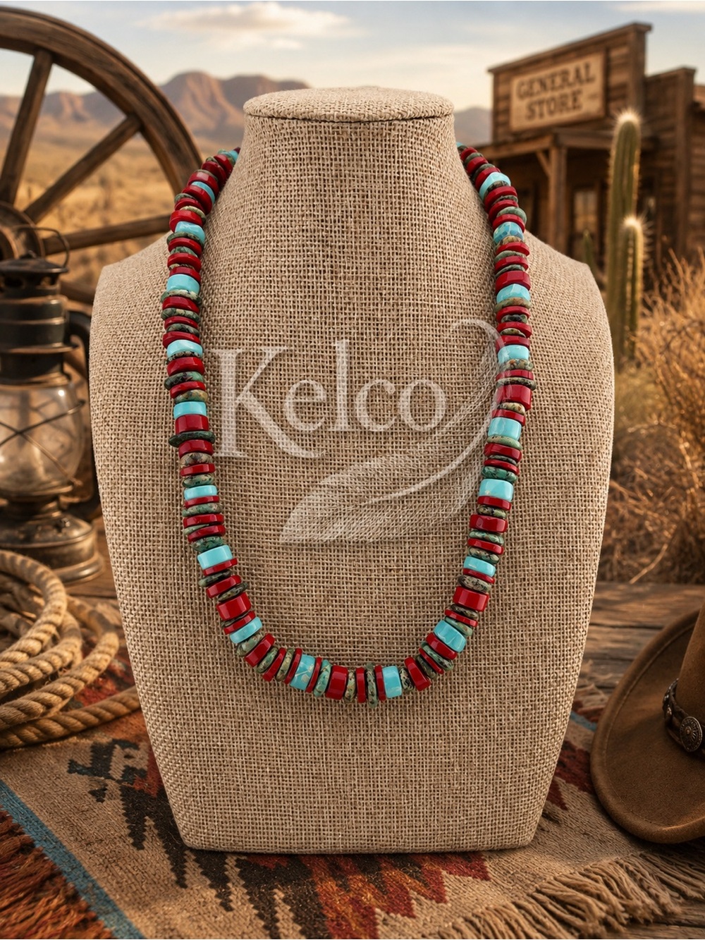 Turquoise, Coral & Blue Chalcedony Heishi 20” Necklace